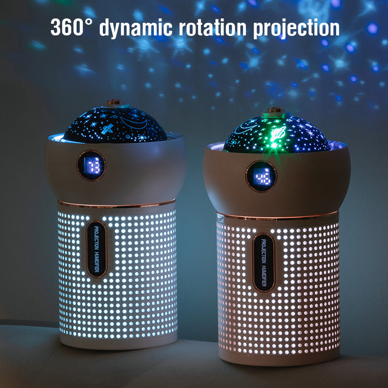 Projection night light humidifier displaying 360° dynamic rotation projection with colorful light effects.