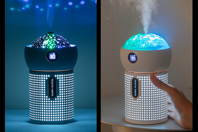 Projection night light humidifier displaying colorful lights and mist, perfect for creating a relaxing atmosphere.