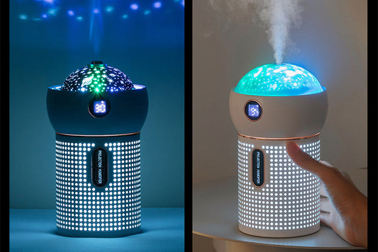 Projection night light humidifier displaying colorful lights and mist, perfect for creating a relaxing atmosphere.